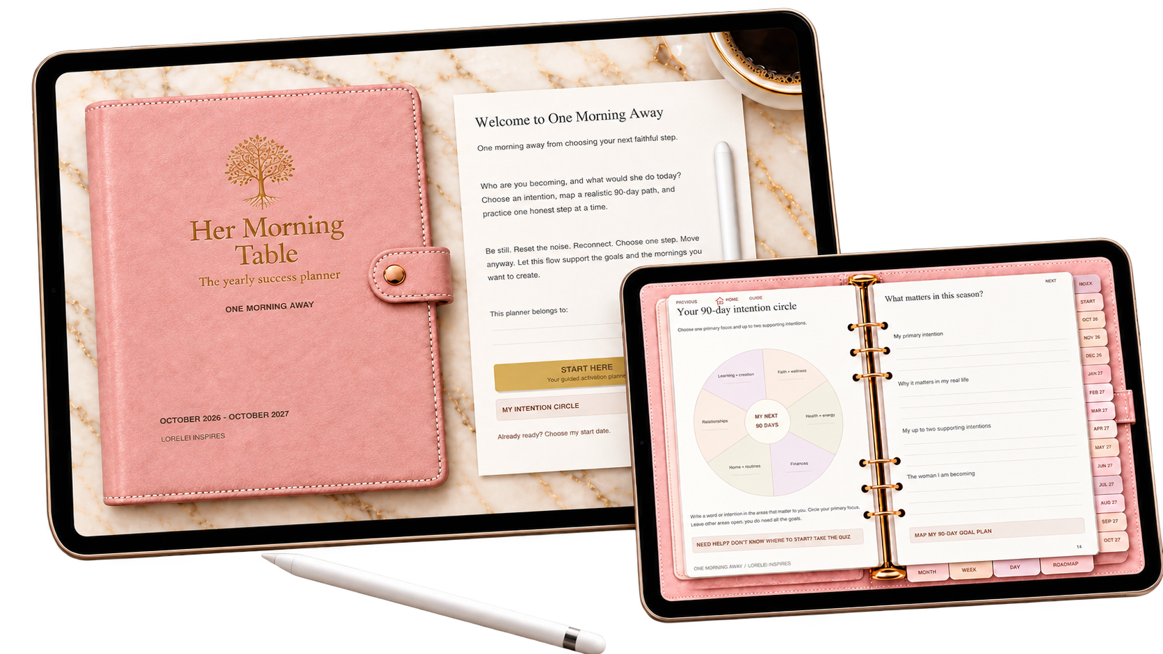 Two tablets displaying the Her Morning Table pink and gold digital planner with a white digital pencil