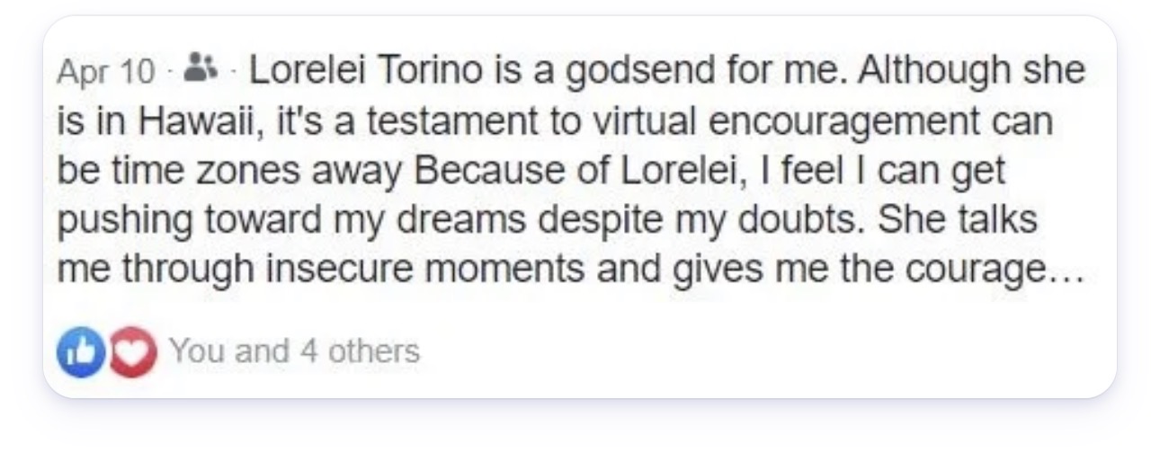 A client calls Lorelei a godsend who helps her move toward her dreams through doubt.