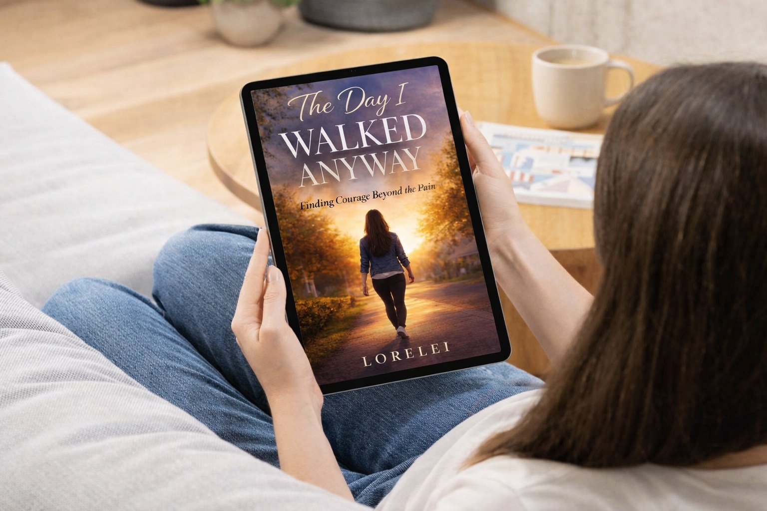 A woman reading The Day I Walked Anyway on her tablet