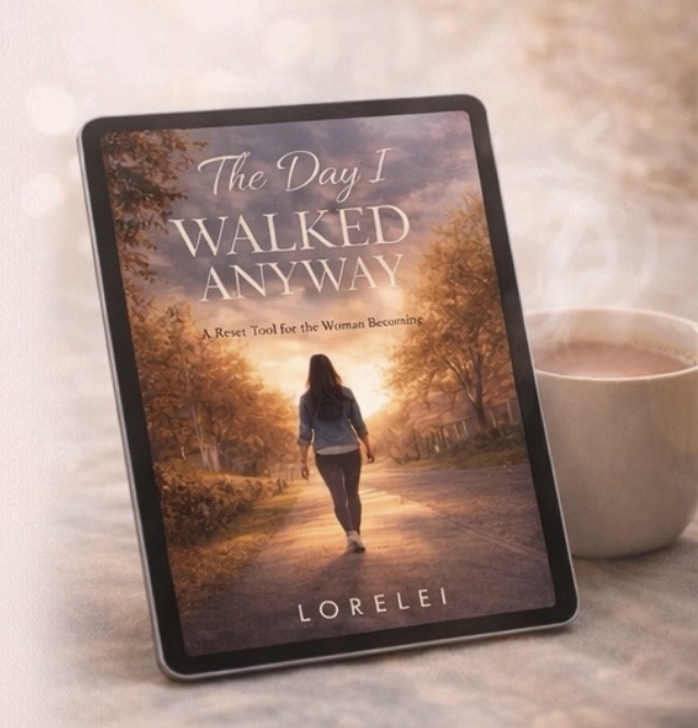 The Day I Walked Anyway displayed on a tablet beside a coffee cup