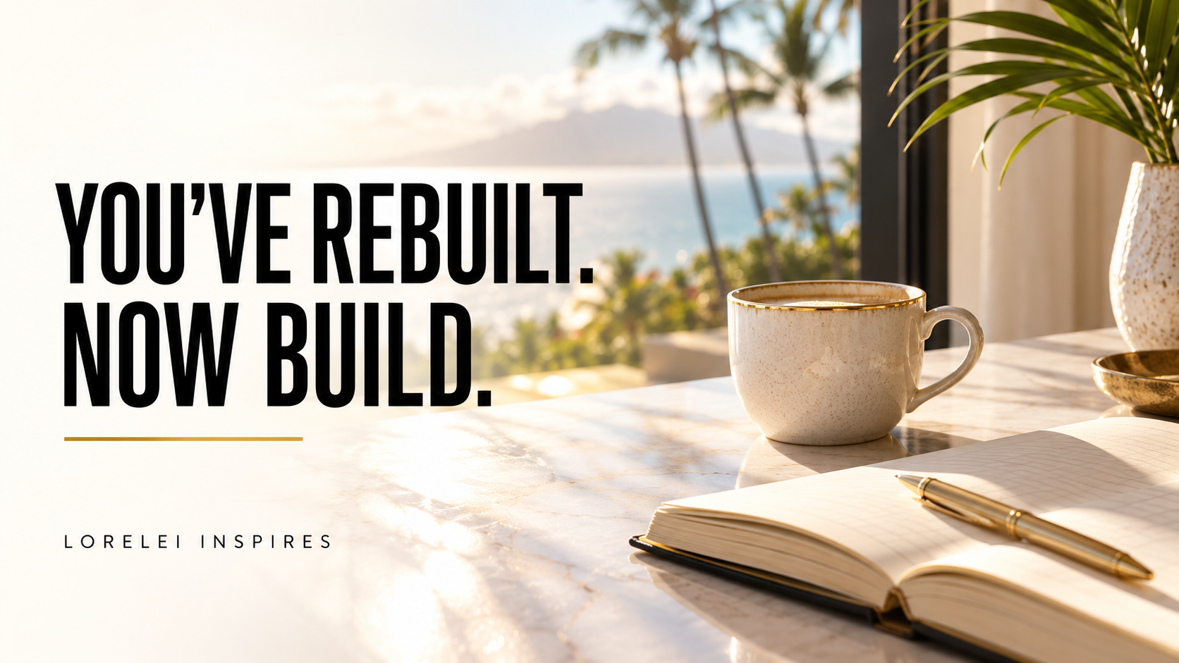 Coffee and an open notebook beside a Maui palm-tree window, with the headline You’ve rebuilt. Now build.