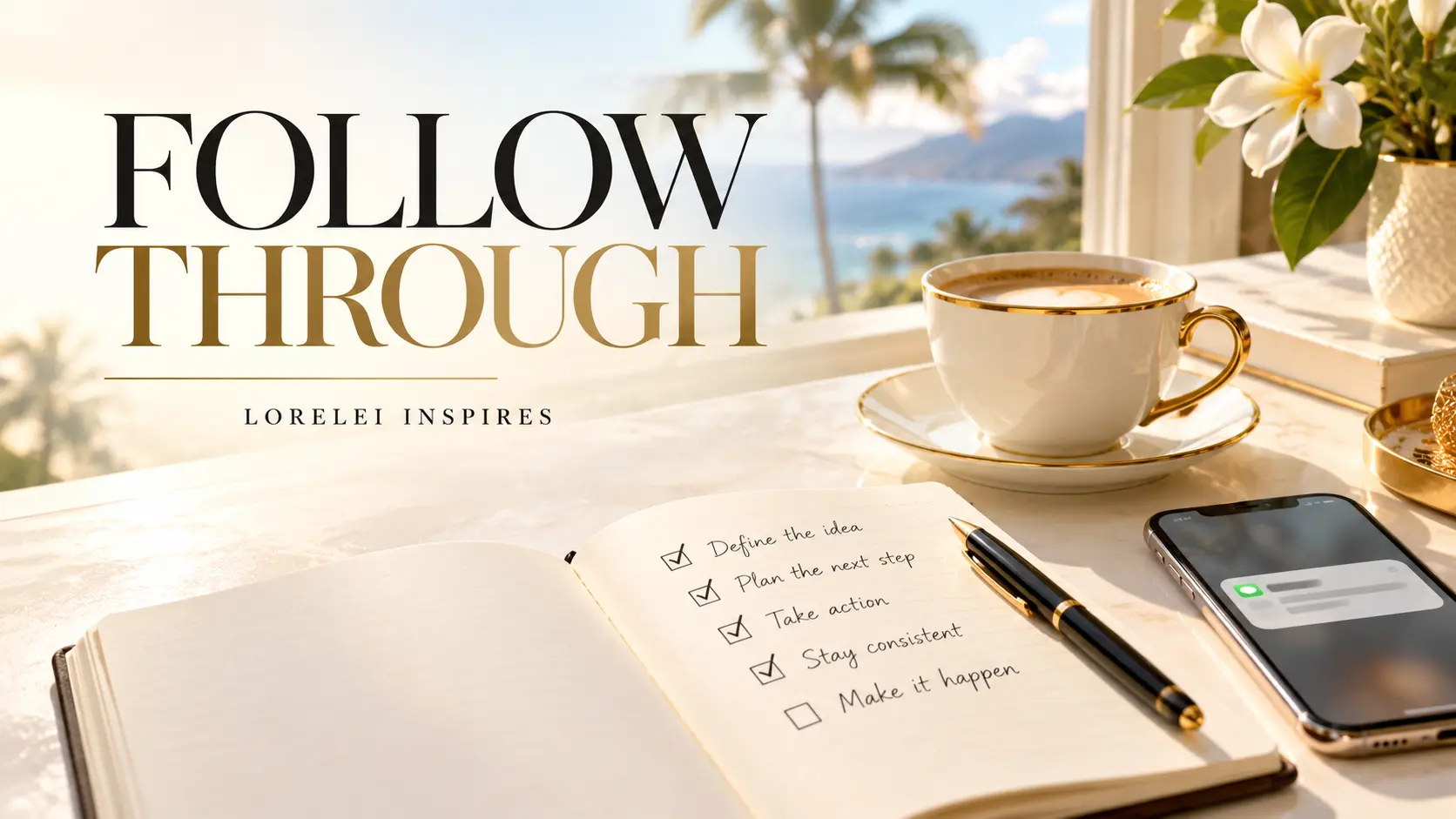 Ivory, black, and gold editorial desk beside a Maui view with a visible cup of coffee, open follow-through checklist, phone, and the headline Follow Through.