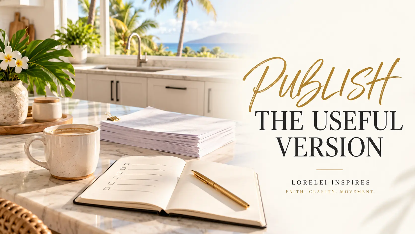 Bright white Maui kitchen with black cabinet handles and palm trees through the window, a visible cream coffee cup, finished draft pages, a cream checklist journal, gold pen, and the headline Publish the Useful Version.