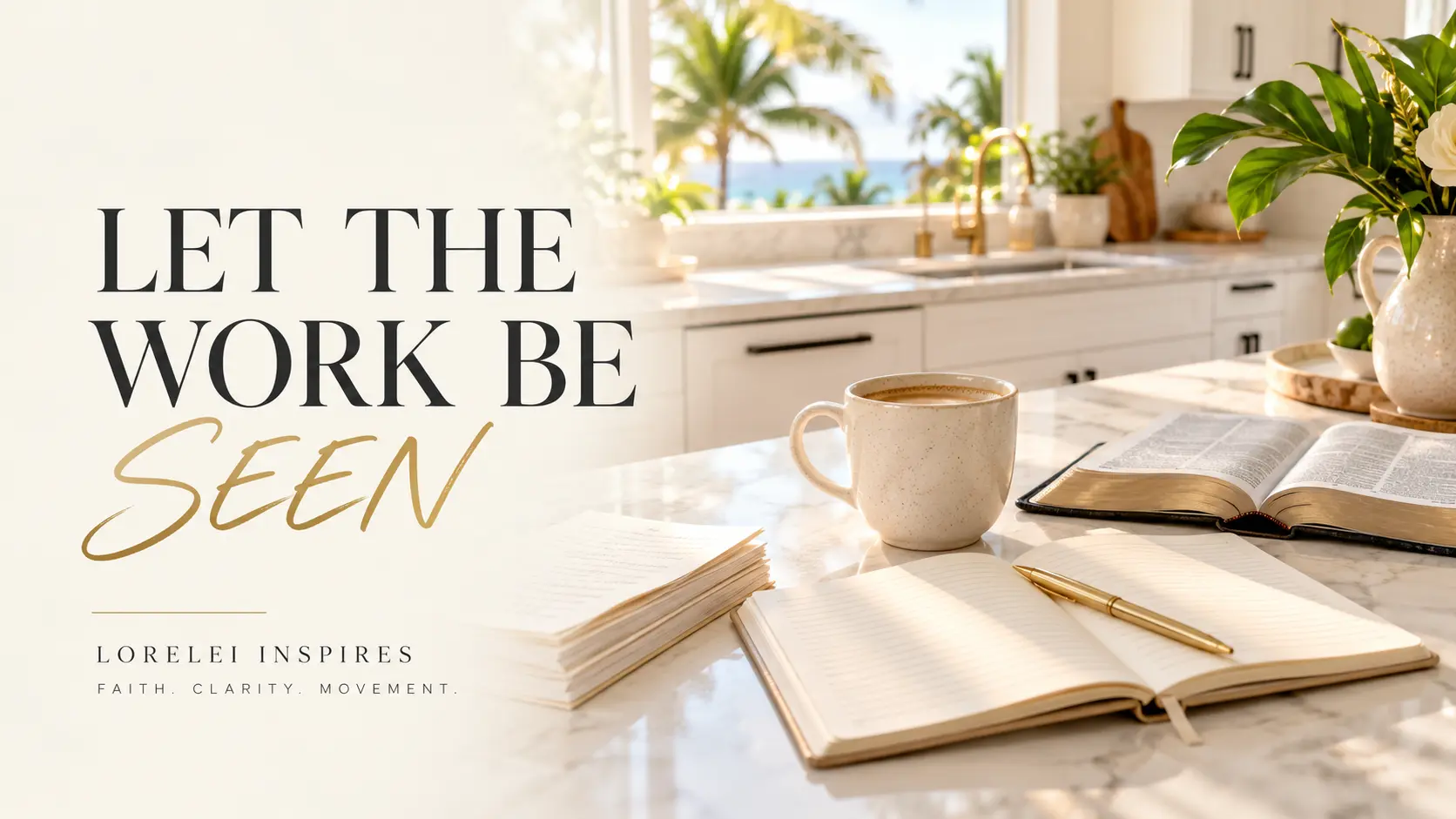 Bright white Maui kitchen with black cabinet handles and palm trees through the window, featuring a visible cream coffee cup, open Bible, cream journal, gold pen, finished pages, and the headline Let the Work Be Seen.