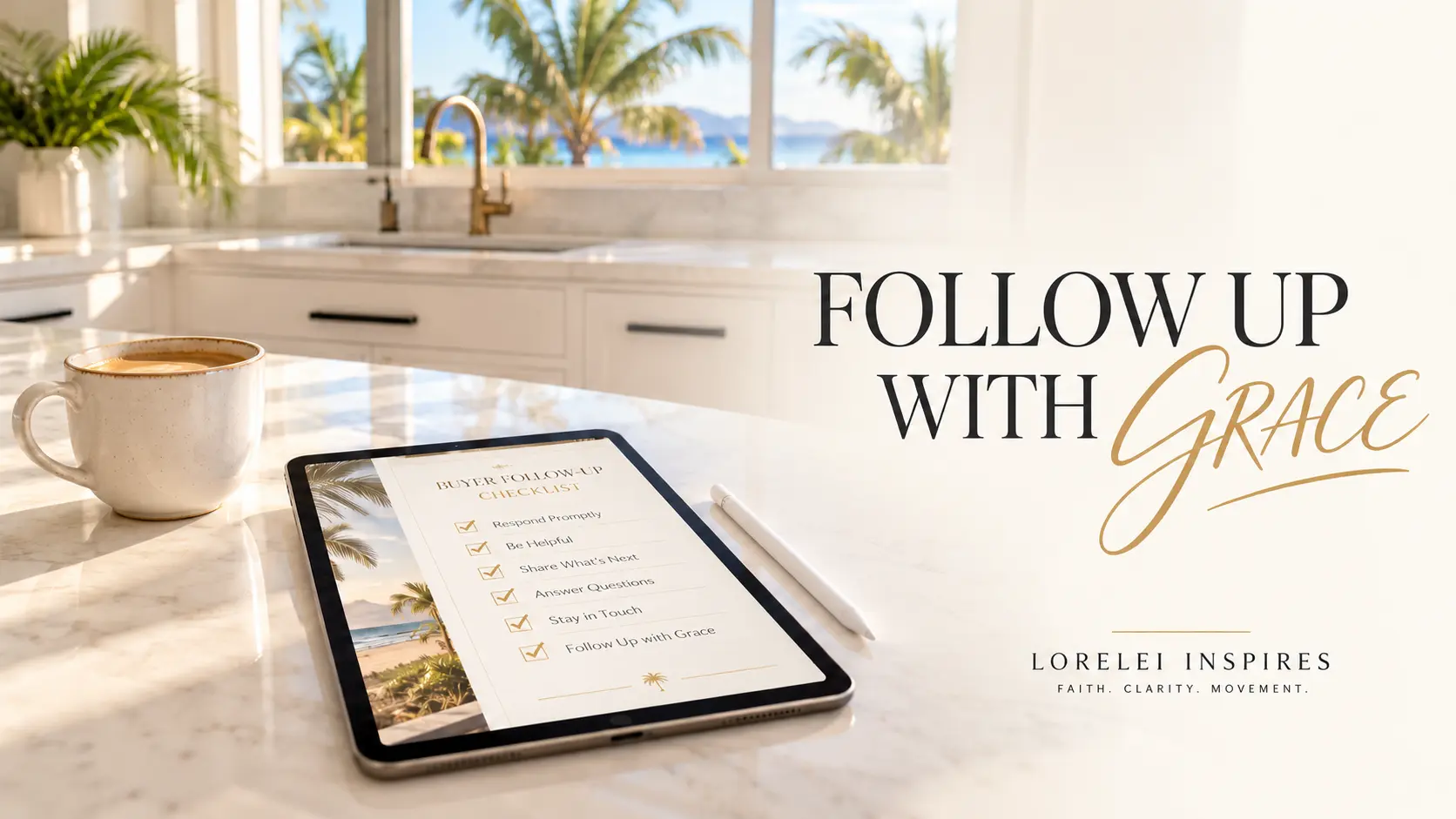 Bright white Maui kitchen with black cabinet handles and palm trees through the window, featuring a cream coffee cup, a flat iPad displaying a cream-and-gold digital buyer follow-up checklist, one white digital stylus, and the headline Follow Up With Grace.