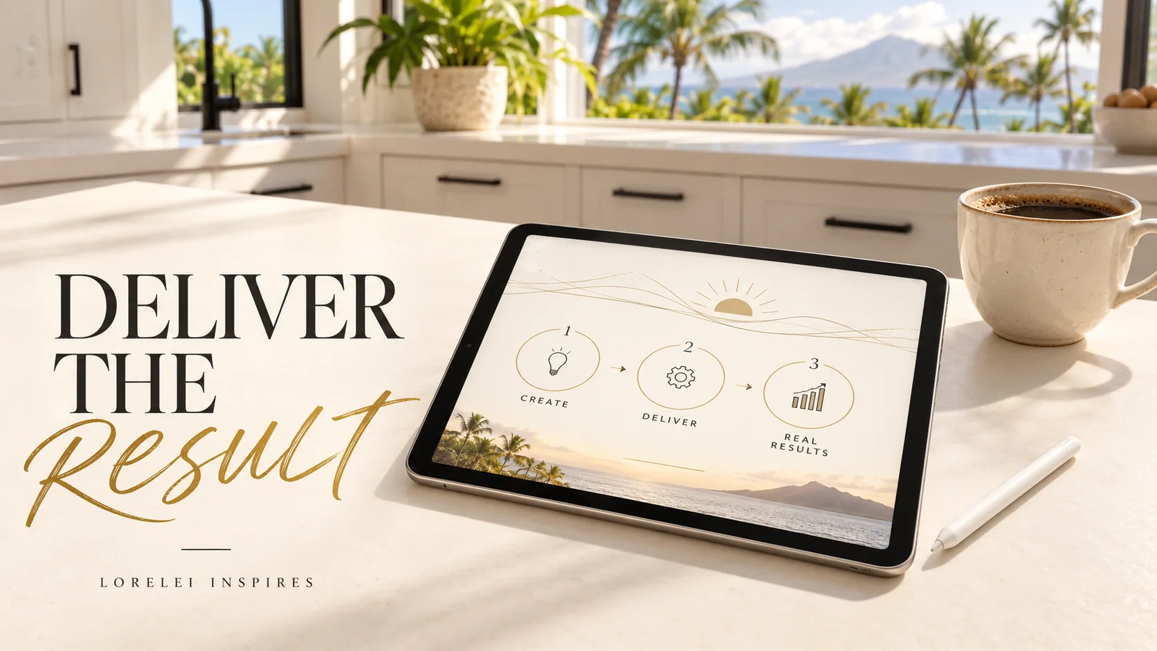 Warm Maui morning in a bright white kitchen with black cabinet handles, palm trees through the window, a ceramic coffee cup, a flat iPad displaying a cream-and-gold three-stage digital offer delivery map, a white digital stylus, and the headline Deliver the Result.